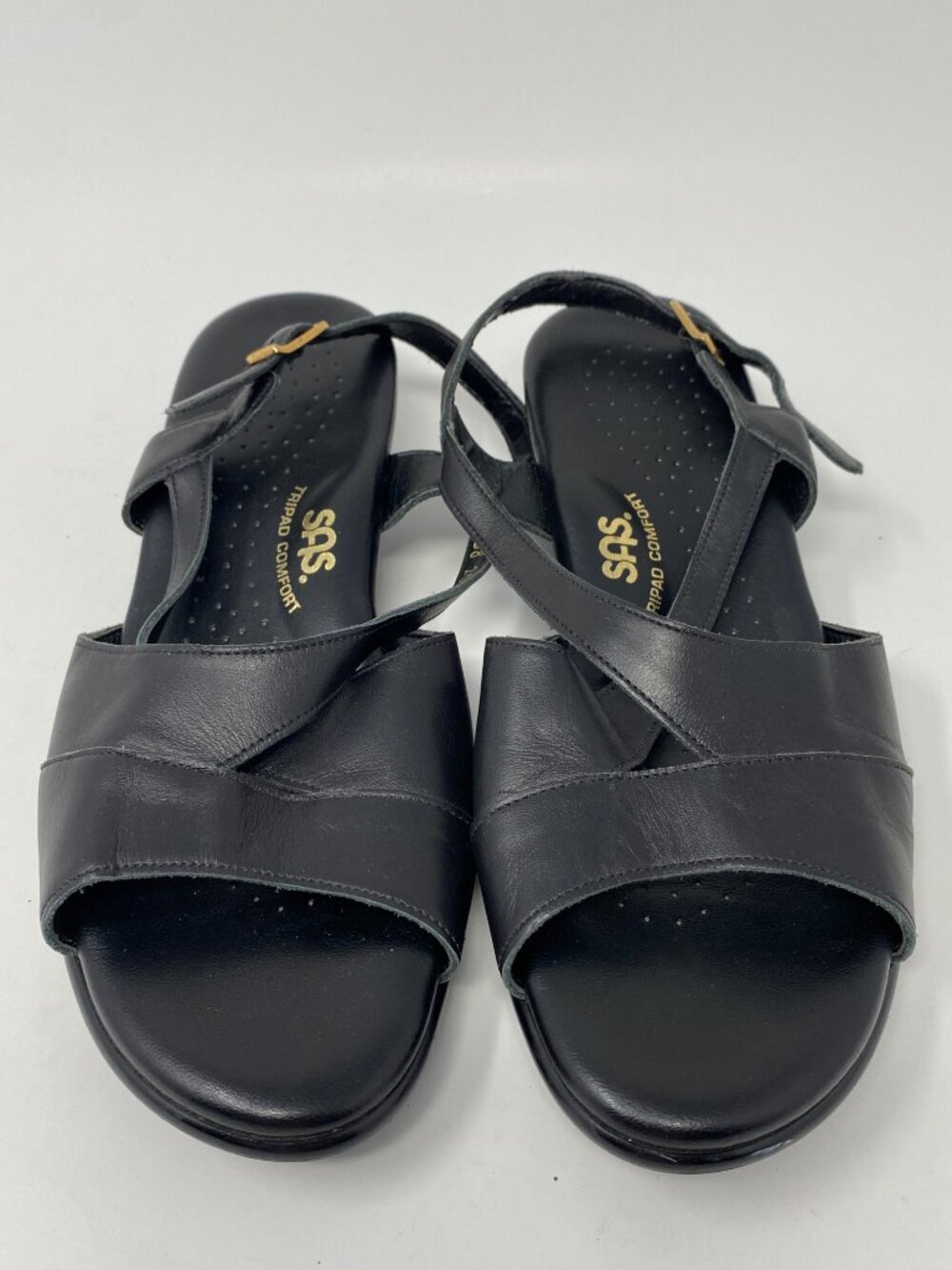 SAS Caress Cross Strap Wedge Sandals Womens 8.5 M Black Leather Comfort Shoes